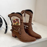 KYLETHOMASW  -  Vintage Ethnic Style Embroidery Woman Ankle Boots Shoes Ladies Elegant Thick Heel Western Cowboy Botas