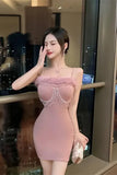 KYLETHOMASW  -  Sweet Hot Girl Pure Sexy Strap Dress Women's Autumn/winter Fur Collar Slim-fit Wrap Hip Short Dress Fashion Female Clothes