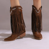 KYLETHOMASW  -  Women Fringe Western Boots Pink Sweet Embroidered Boots Brown Tassels Block Medium Heels Shoes Plus Size 48 Lady Winter