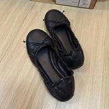 KYLETHOMASW  -  Women's Soft Leather Bow Ballet Flats Ruched Opening Round Toe Slip-on Flat Shoes Comfy Ladies Office Daily Walking Footwear