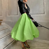 Kylethomasw   - Loose Green Bubble Mid Skirt Female 2024 Summer New Fashion European and American Solid Color High Waist Mid-length Skirt Women