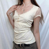 KYLETHOMASW  -  Sexy T Shirts Women Lace Patchwork Short Sleeve Slim Fashion Elegant French Style Chic Tops Ladies Tee Shirt Casual