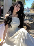 KYLETHOMASW  -  Casual White Solid Long Dresses Fairycore Slash Neck Inclined Shoulder Vestidos Summer Lace-up Ruched Trumpet Womens Dress