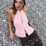 KYLETHOMASW  -  Women's Halter Tank Tops Sleeveless Crop Tops Stand Collar Button Down Summer Cutout Y2K Streetwear Women's T-Shirts