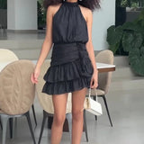 Kylethomasw Women Sexy O-neck Slim Draped Party Dress 2024 Spring Elegant High Waist Ruffle Mini Dress Summer Sleeveless Solid Bodycon Dress