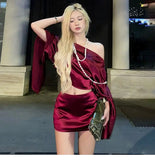 KYLETHOMASW  -  Womens One Shoulder Satin Two Piece Set Cape Sleeve Crop Top and Mini Skirt Set