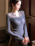 KYLETHOMASW  -  Lace Splicing Knitted Sweater Unique Beautiful Maturi Winter Faion Commute Sle Slim Fit Long Sve  Color