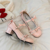KYLETHOMASW  -  Lolita Style Cute Round Head Jane Pumps with Bow Women's Sweet Party Dress Midi Heels Shoes Fashion PU Sandals