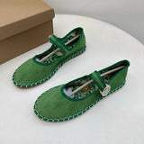 KYLETHOMASW  -  Floral Print Insole Velvet Flats Shoes Women Hand Stitching Elegant Mary Jeans Shoes Ladies Round Toe Ballets Flats Footwear