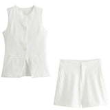 KYLETHOMASW  -  Casual Women 2-piece Vest and Shorts Set Fashion Sleeveless Single Breasted Vest Short Top+zippered Placket Slim Fit Shorts Set