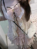 KYLETHOMASW  -  Japanese Vintage Lace Pink Kawaii 3-piece Set Women's Designer Sweet Elegant Cute Bow Sling Tops + Cake Short Skirt Suit New