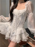 KYLETHOMASW  -  Y2K White Short Dresses for Women Long Sleeves Square Collar Lace-up Corset French Vintage Ruffles A-line Party Dress Vestidos