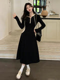 KIylethomasw Autumn Korean Version of the Fashion Medium-length Large Size Women's Long-sleeved High-waisted Slim Temperament Black Dresses