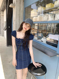 KYLETHOMASW  -  French Retro Denim Dress Women's Summer Off Shoulder Flying Sleeves Square Collar Slim Dress Fashion Female Clothes