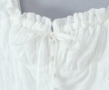 KYLETHOMASW  -  Sexy White Emboridery Flower Bow Ruched Chest Elastic Strap Mini Tank Dress Low Waist Spliced Folded Swing Women Sleeveless Robe