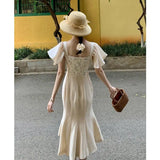 KYLETHOMASW  -  French Elegant Flying Sleeve Floral Dress for Women Summer Stylish Splicing Square Neck Slimming A-line Long Dress