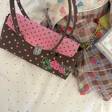 KYLETHOMASW  -  Retro Y2k Rose Print Underarm Bag Women Brown Polka Dot Lock Large Capacity Handbag Ladies Sweet Cute Versatile Shoulder Bag New