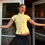 KYLETHOMASW  -  Solid Color Professional Women's Shirt Spring 2025 New V-Neck Pleated Girlish Age-Reducing Base Shirt Short Sleeve T-Shirt