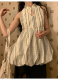 KYLETHOMASW  -  New Chinese Style Vintage Jacquard Stand up Collar Flower Bud Tank Top Women Clothing Summer Striped Slim Sleeveless Women Tops