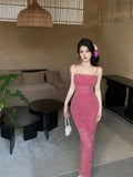 KYLETHOMASW  -  Rose Red Hollow Lace Suspender Dress for Women in Summer Sexy Waist-hugging Skirt