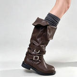 KYLETHOMASW  -  Retro Y2K Slouchy Knee High Boots Women Turn‑Down Folded Cuff Vintage Grey Moto Biker Boots Riding Boot Shoes