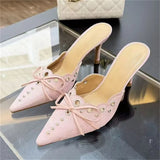 KYLETHOMASW  -  Pink Elegant Designer Hollow Out Pointed Toe Woman Slippers Fashion Thin Low Heels Mules Shoes Zapatos De Mujer