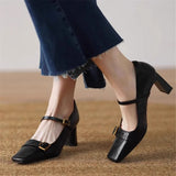 KYLETHOMASW  -  Metal Buckle Decoration Mary Jane Shoes Women Comfortable Leather High Heels Elegant Chunky Heel Women Pumps Zapatos De Mujer