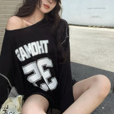 KYLTHOMASW  -  Vintage Digital Printing Strapless Sexy Long-sleeved T-shirt Women 2024 Autumn New Korean Loose Casual All Match Mid-length Tops