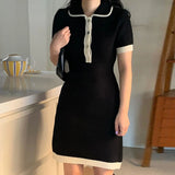 KYLETHOMASW  -  Turn Down Collar Knitted Dress Women Short Sleeve Mini Dress High Waist Dresses Korean Elegant Office Lady Bodycon Vestidos N324