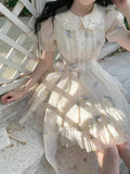 KYLETHOMASW  -  Korean Ladies Mini Dress Summer Short Sleeve Fashion Embroidered Floral Ball Gown Dress Sweet Pan Collar Women Party Vestidos