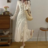 KYLETHOMASW  -  Flowers Mermaid Dresses for Women Flare Sleeve Korean Fashion Long Dress Spring Autumn Elegant Vestidos Mujer