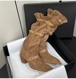 KYLETHOMASW  -  Vintage Pleated Belt Buckle Faux Suede Women Knee High Boots Autumn Winter Fashion High heels Western Cowboy Knight Boots Shoes