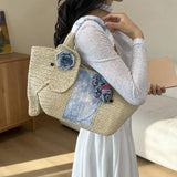 KYLETHOMASW  -  Cute Elephant Shape Straw Tote Bag Hand Woven Beach Bag With Blue Floral Decor Mini Elephant Pendant Handheld Shoulder Bag