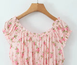 KYLETHOMASW  -  Sexy Pink Floral Print Elastic Slash Shoulder Dress Folded Elastic Waist Swing A-line Short Tank Robe Holiday Femme Vestidos