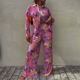 KYLETHOMASW  -  Y2K Graphic Print Long Sleeve Shirt Blouse + Wide Leg Pants Chic Women Two Piece Set Vintage Streetwear Boho Holiday Outfits