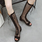 KYLETHOMASW  -  2025 Women Sandals Block Heels 3cm Zipper Lace Up Flock Suede Breathable Mesh 41 42 43 Fashion Summer Knee High Bota