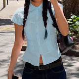 KYLETHOMASW  -  Solid Color Professional Women's Shirt Spring 2025 New V-Neck Pleated Girlish Age-Reducing Base Shirt Short Sleeve T-Shirt