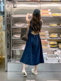 KYLETHOMASW  -  Denim Midi Dress Women Hollow Out A Line Dresses Streetwear Sleeveless Backless Sundress Korean Lace Up Casual Vestidos