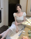 KYLETHOMASW  -  Women Vintage Sweet Mesh Patchwork Elegant Party Dresses Summer Solid Square Collar Short Sleeve Slim Fairy Midi Dress Vestidos