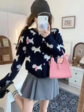 KYLETHOMASW  -  Korean Sweet Blue Gray Print Bow Button Sweater Women Round Neck Cardigans Long Sleeve Knitwear Tops Autumn Winter Clothing Chic