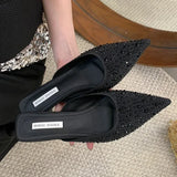 Kylethomasw Sparkling Rhinestone Luxury Slippers for Women Sexy Pointed Toe  Low Heel Slides Fashion Footwear Diamond Dress Sandals Women