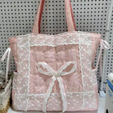 KYLETHOMASW  -  Sweet Lovely Pink Bow Tote Bag Women Lace Patchwork Plaid Large Capacity Shoulder Bag Ladies Fashion Versatile Underarm Bag Chic