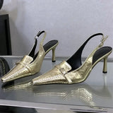 Kylethomasw High Quality Soft Leather Gold Silver High Heels Women Sexy Pointed Toe Belt Buckle Decoration Heeled Sandals Office Women Pumps