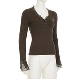 KYLETHOMASW  -  American style basic lace half open collar button chest revealing base top brown ribbed simple slim fit versatile T-shirt