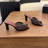 KYLETHOMASW  -  Women Mesh Mule Heels Red Coral Beads Seashell Decor High Heel Summer Beach Vacation Fashion Sandals Open Back Slip On Party