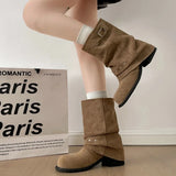 KYLETHOMASW  -  Winter Pleated Women Western Ankle Boots Fashion Rivet Belt Buckle Shoes Ladies Concise Vintage Thick Heel Short Booties