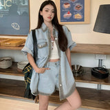 KYLETHOMASW  -  Casual Denim Suit Women's Summer Turn-down Collar Short-sleeved Shirt High Waisted Shorts Two-piece Set Fashion Female Clothes