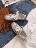 KYLETHOMASW  -  Women Sneakers Spring Summer New Leather Sweet Fashion Casual Flats Women Lace-up German Training Shoes Women Silver 321