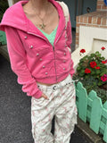 KYLETHOMASW  -  Y2K pink short-sleeved hooded pullover women's zipper sweatshirt double-button metal button cardigan streetwear punk high street