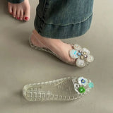 KYLETHOMASW  - fashionab Flower Decor Jelly women's Sandals Square Toe Hollow‑Out women's Slippers Non‑Slip Beach Slip‑On Casual women's shoes